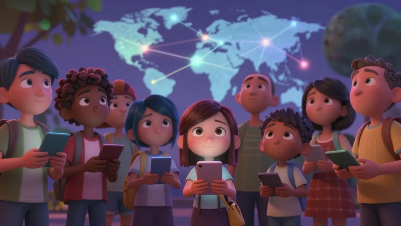 Cartoon people using phones with holographic network lines connecting them.