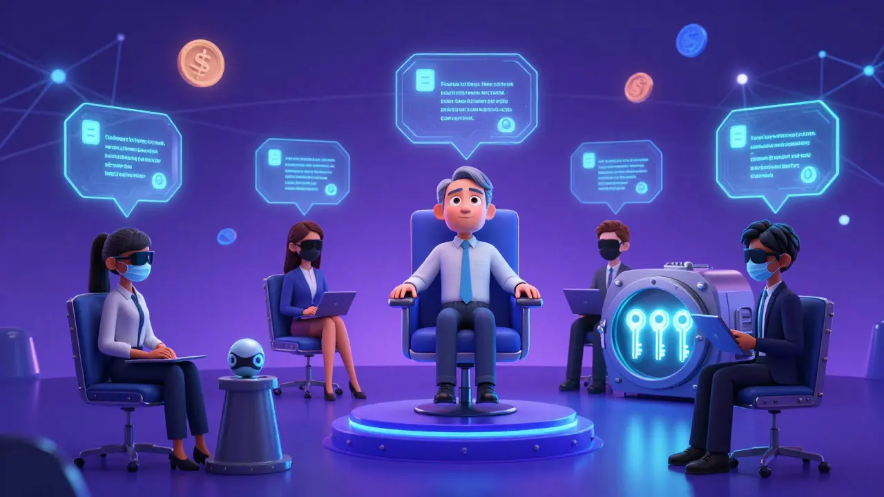 Characters delegate votes to an expert, use privacy masks to vote anonymously, and view AI-summarized proposals in a futuristic DAO hub.