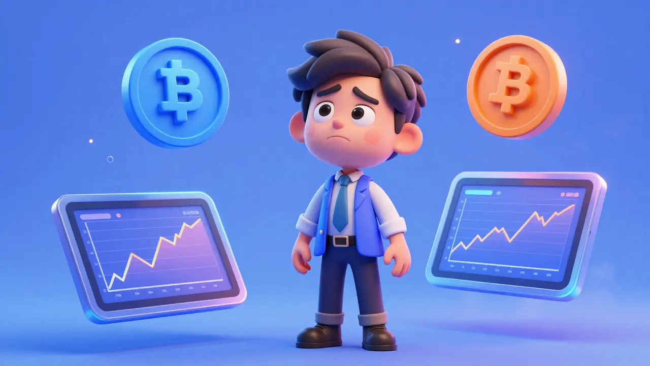 Confused investor surrounded by floating holographic tokens and charts