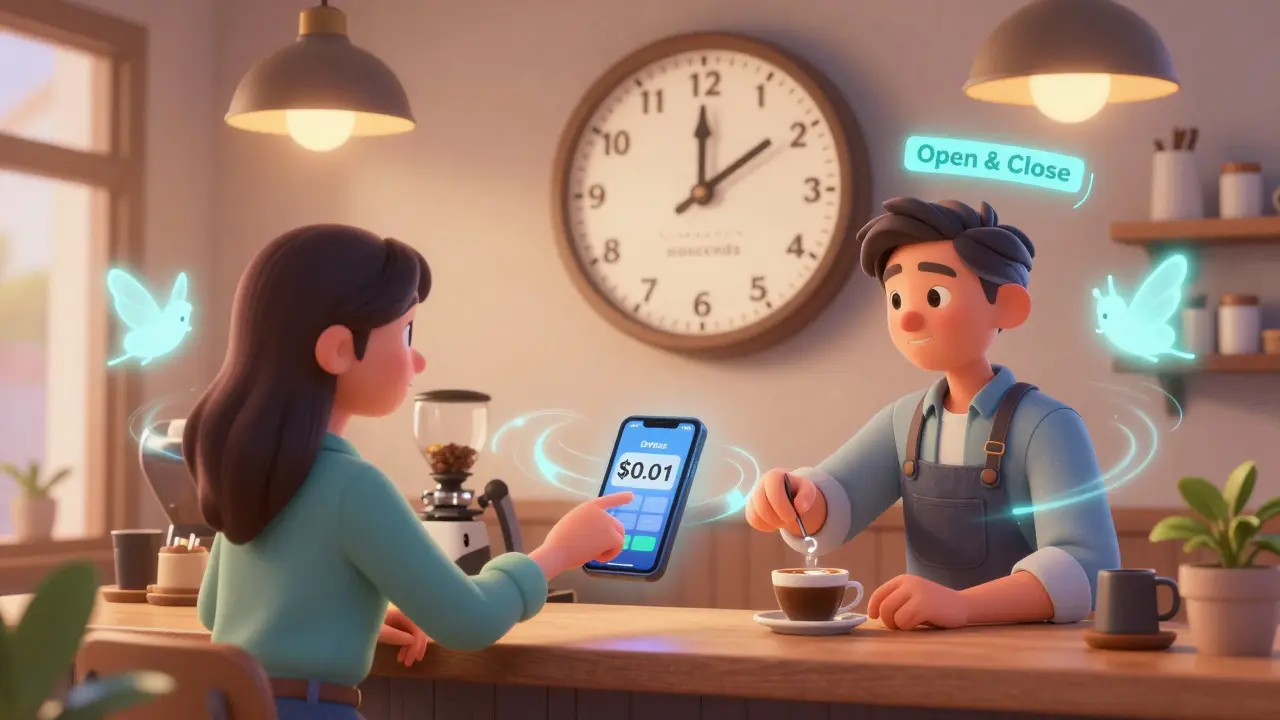 Customer paying <h2>How State Channels Compare to Other Scaling Solutions</h2>.01 for coffee at a cozy shop, invisible state channels swirling around with 50 transactions completed.