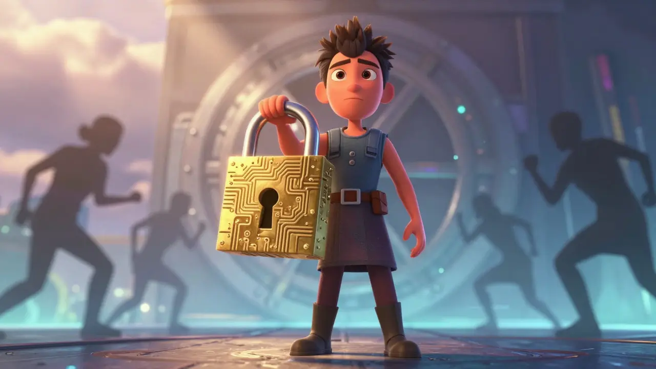 Determined avatar guarding a digital vault with a golden circuitry lock.
