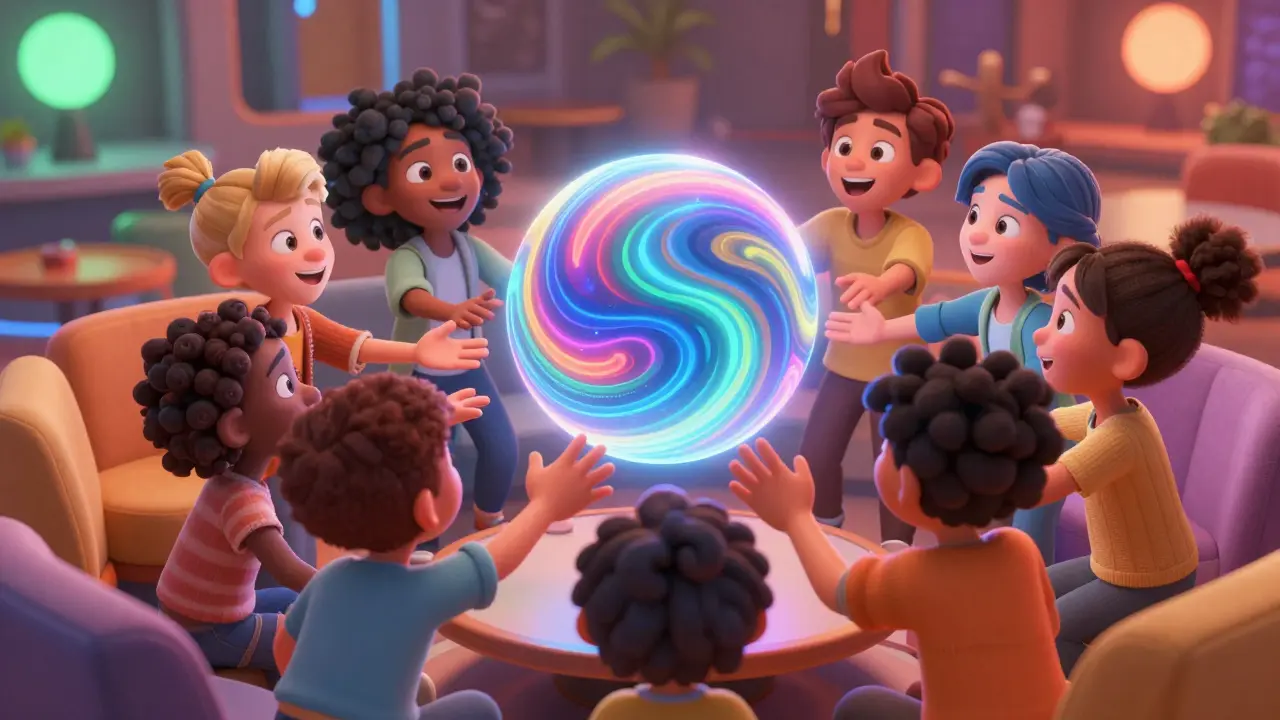 Diverse cartoon group gathered around floating patterned sphere together.