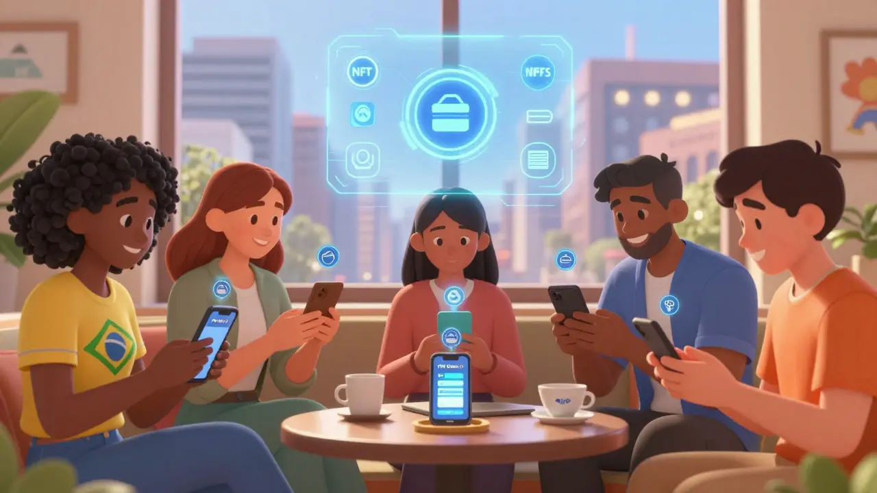 Diverse users scanning FTN Notes in a sunny lounge, with digital tokens flowing into their wallets and a unified wallet icon glowing above.