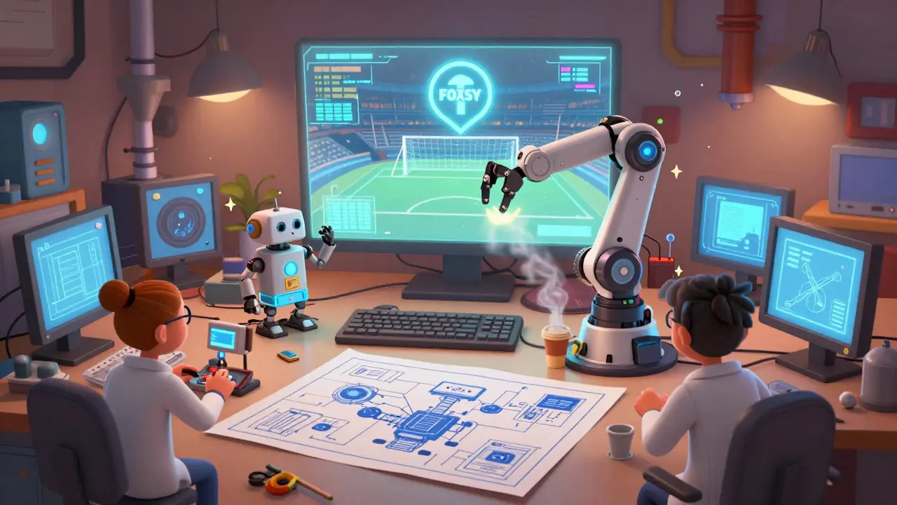 Engineers in a lab working on robots with a holographic FOXSY token display above them.
