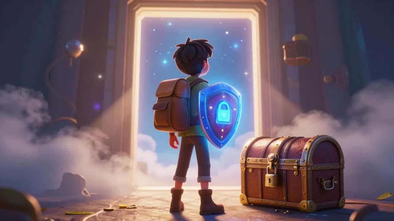 Explorer character with security shield standing before a glowing portal.
