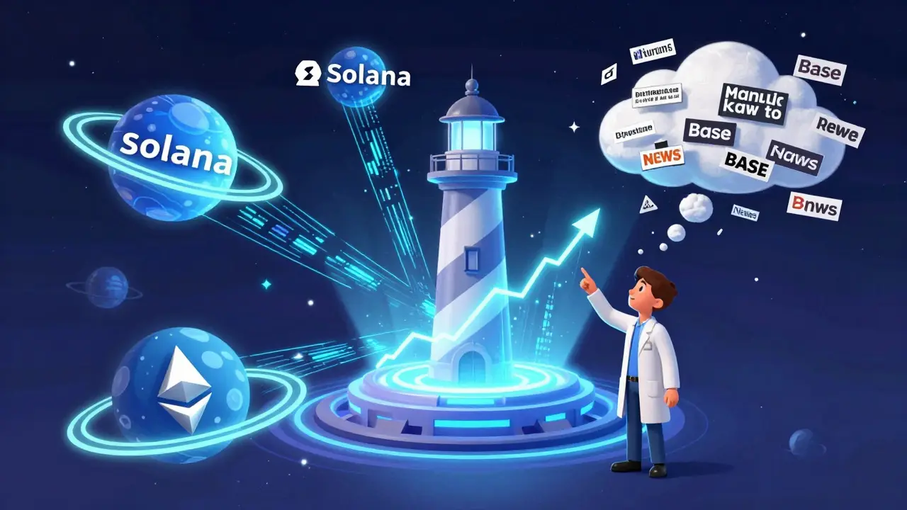 Floating blockchains channel data into a lighthouse-shaped AI hub that turns noise into clear market insights.