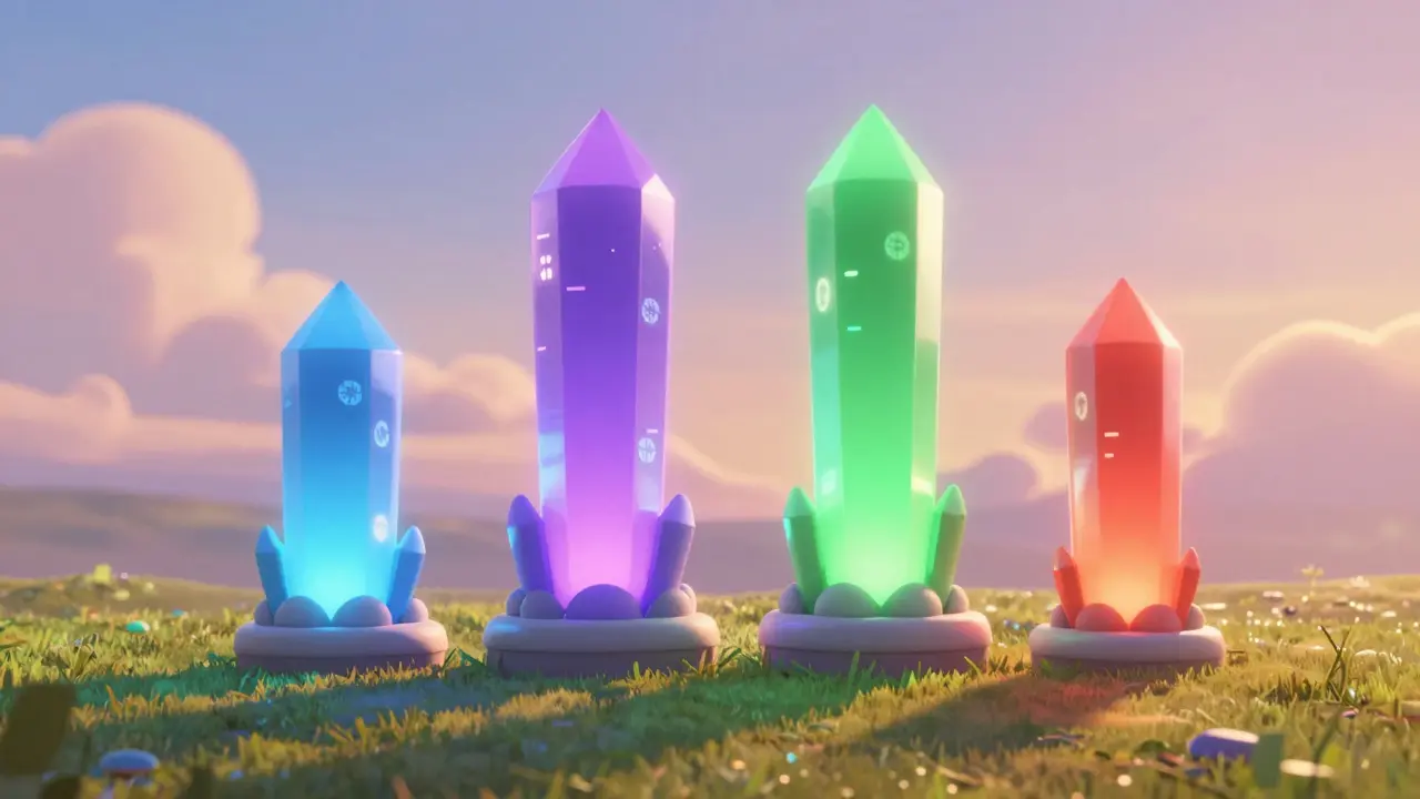 Four glowing towers representing blockchain tech in a digital landscape.