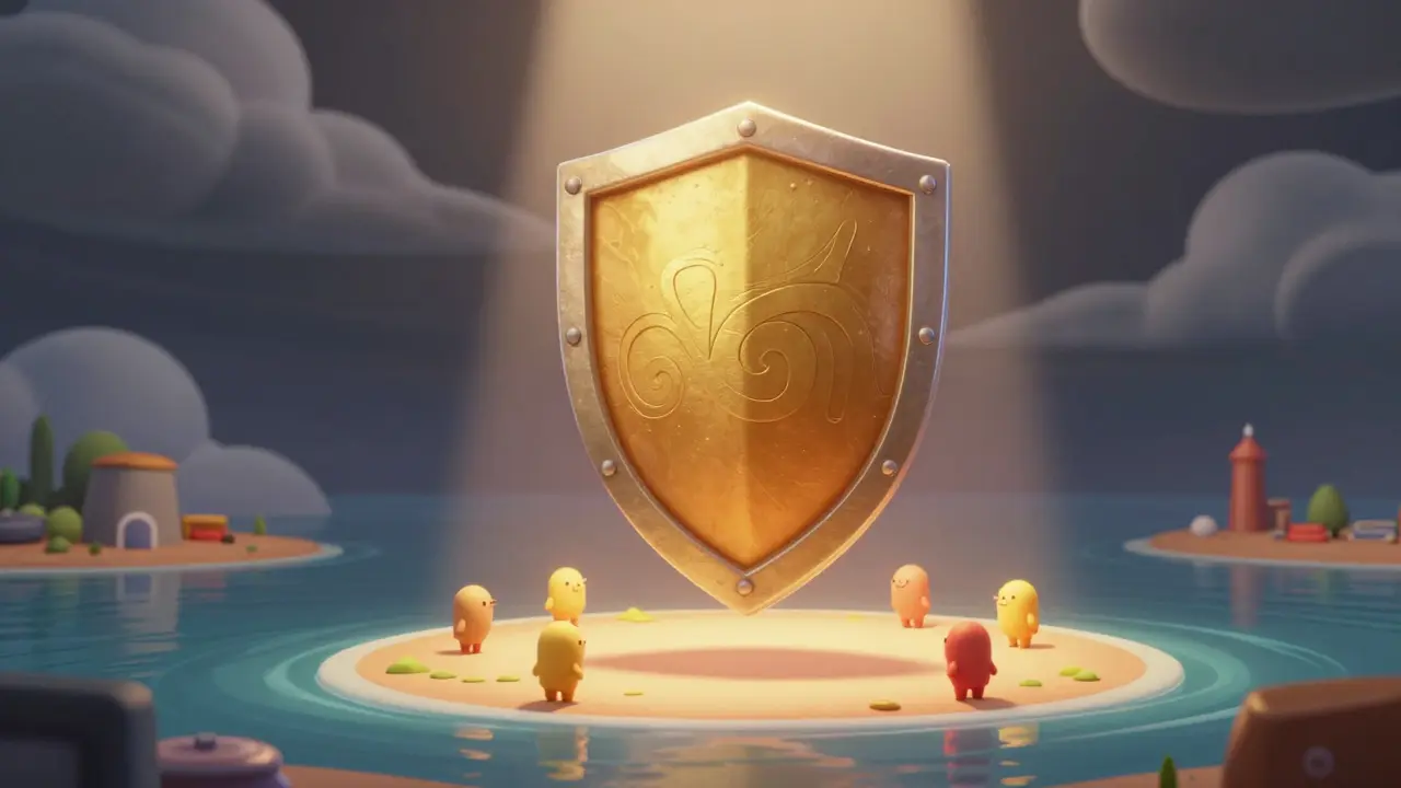 Golden shield protecting safe area from dark storm clouds.