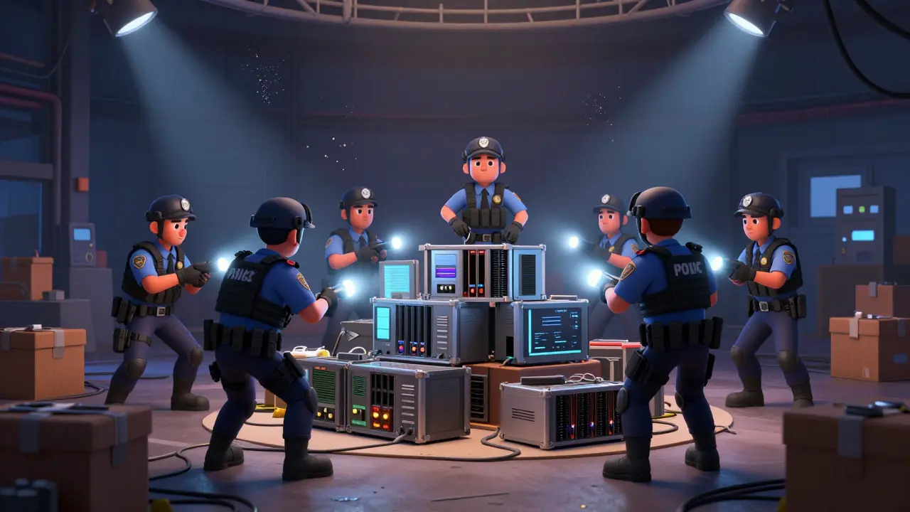 Law enforcement officers confiscating seized mining equipment in a warehouse.