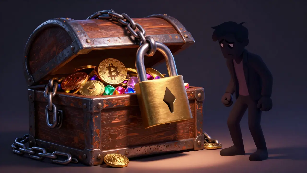Locked treasure chest with crypto coins and shadow figure.