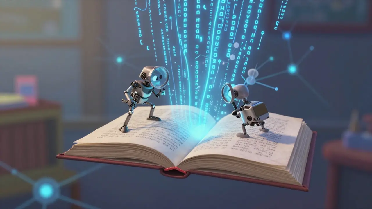 Mechanical creatures inspecting glowing code lines floating from an open book.