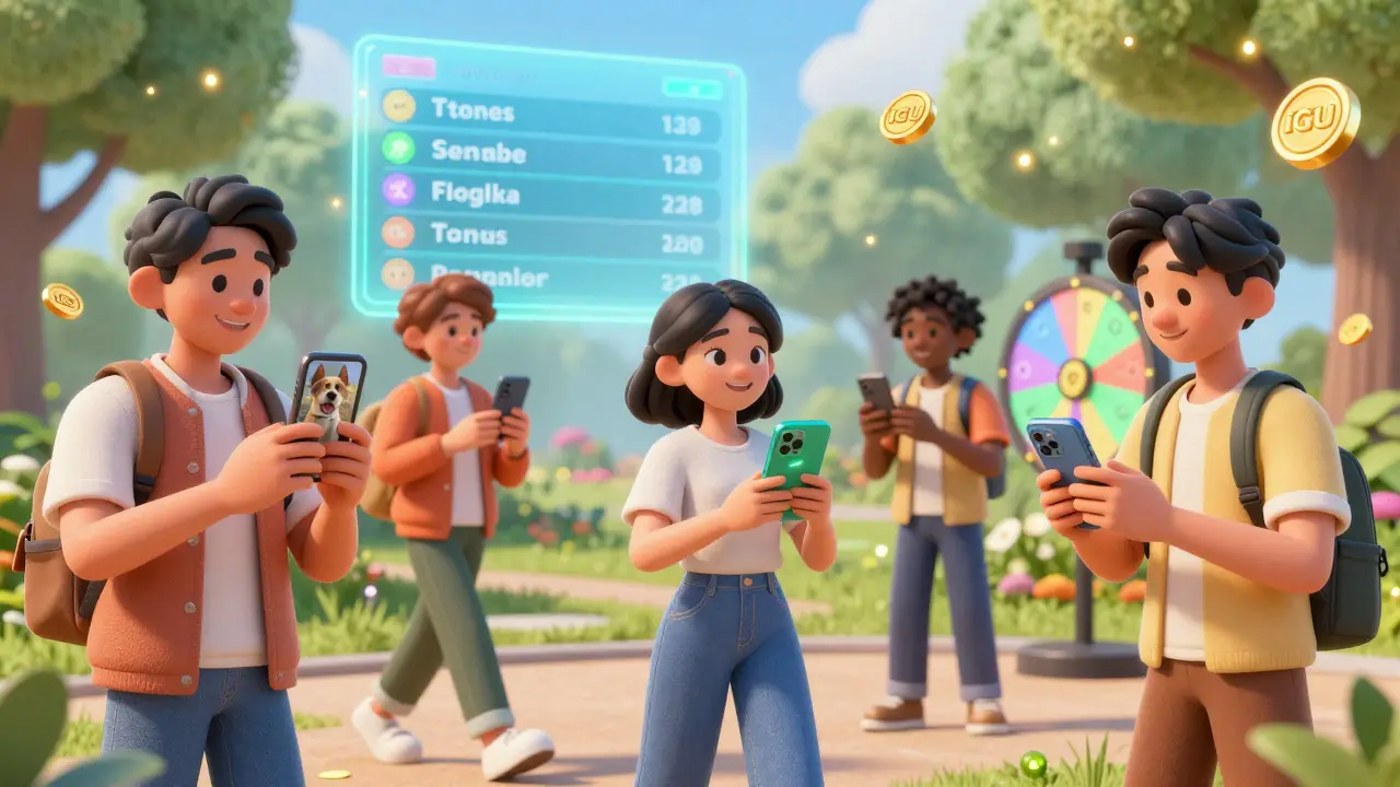 People interacting with their AI-generated NFT pets on phones while walking, posting, and playing games in a colorful modern world.