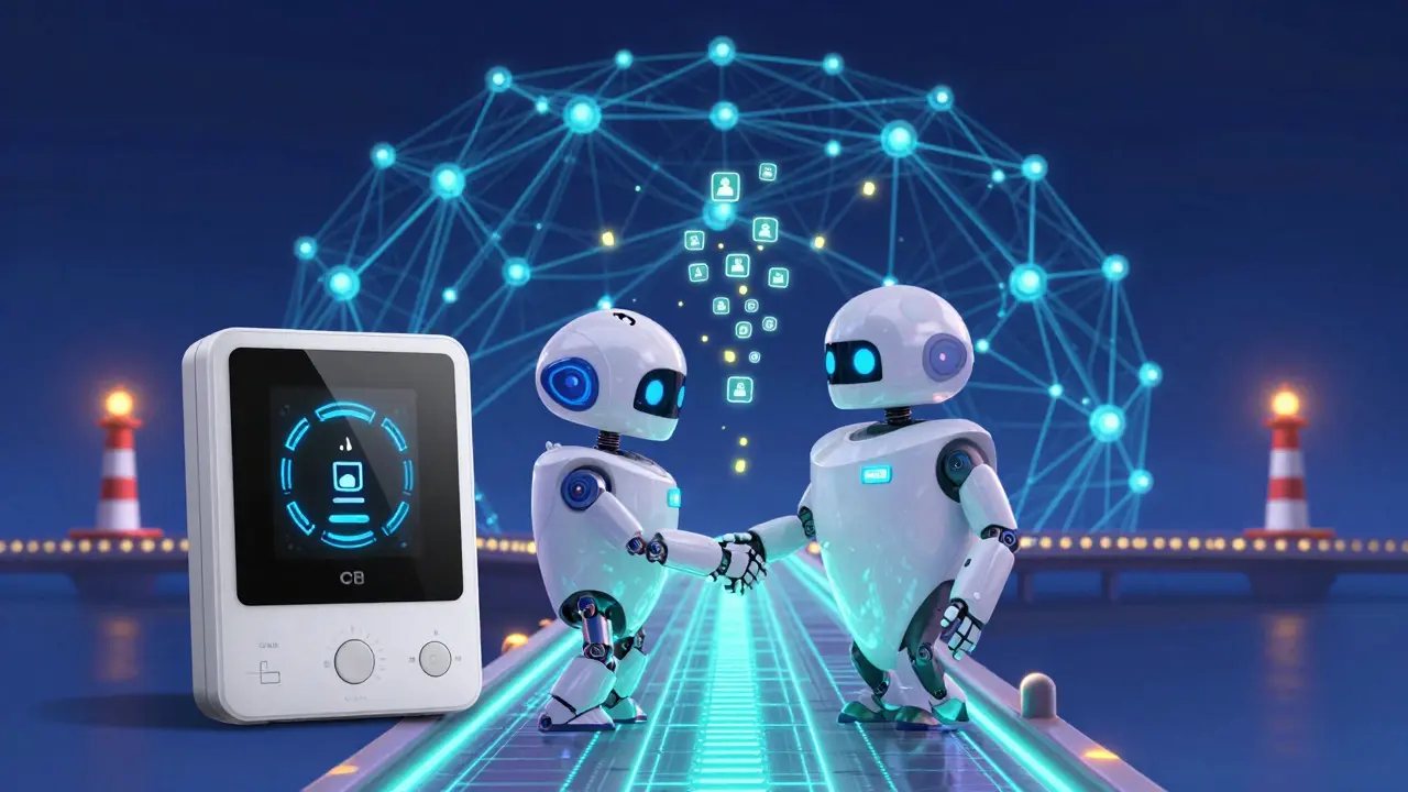 Smart thermostat and utility robot exchanging energy payments via glowing state channel, thousands of tiny icons floating between them.