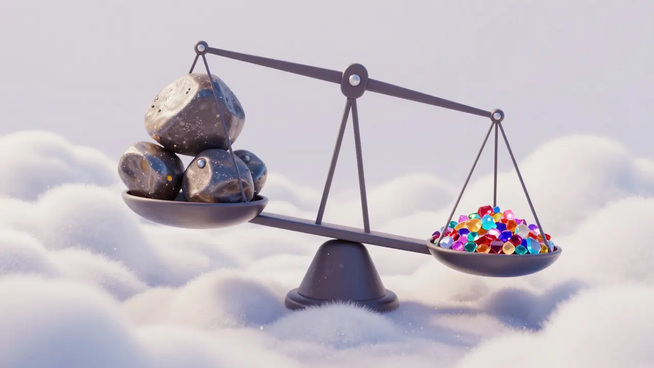 Whimsical balance scale comparing large rocks to pile of small gems.