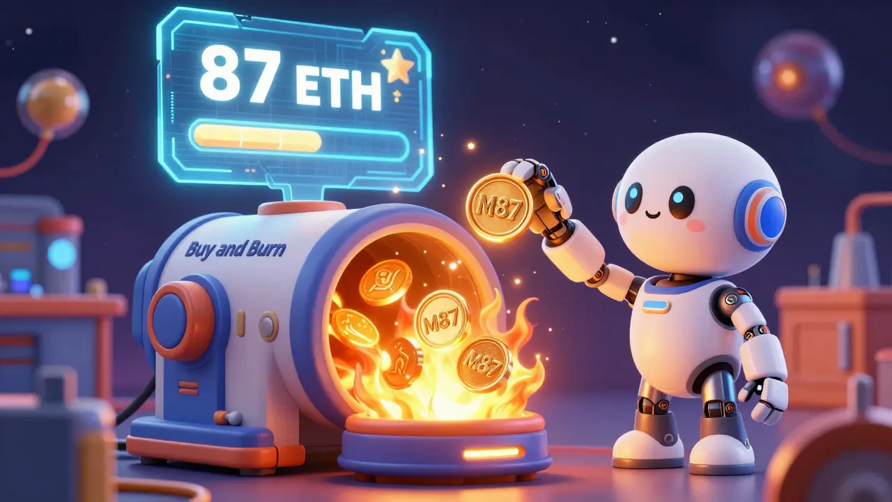 3D animation of a robotic arm burning digital tokens in a colorful cosmic workshop.