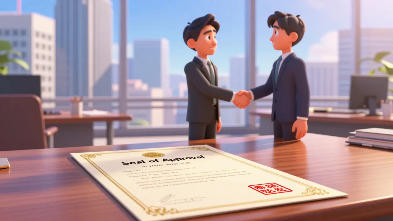 A certified crypto license certificate on a desk with business partners shaking hands