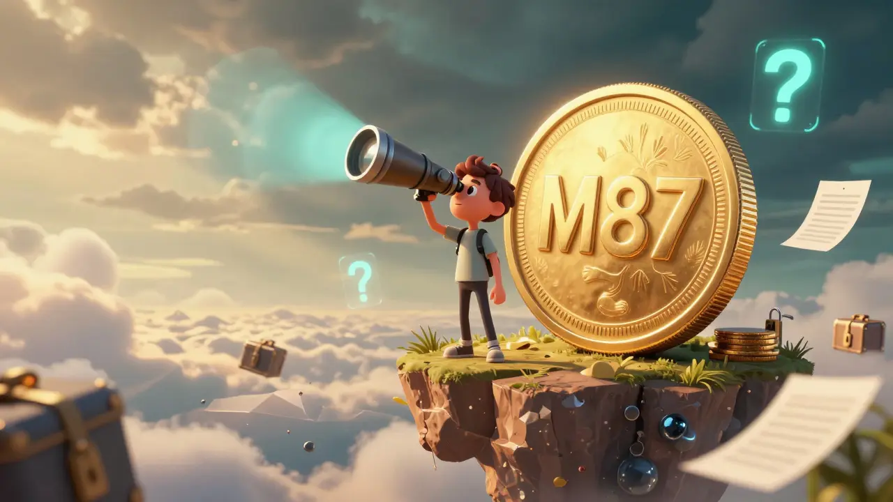 A character standing on a giant gold coin looking at a fragmented, volatile sky with holographic question marks.
