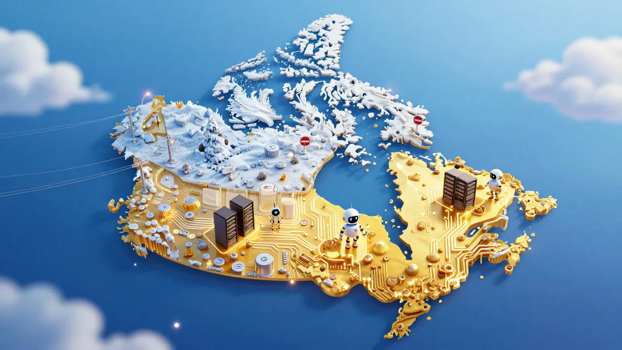 A colorful 3D map of Canada showing restrictive mining zones versus a welcoming Alberta hub.