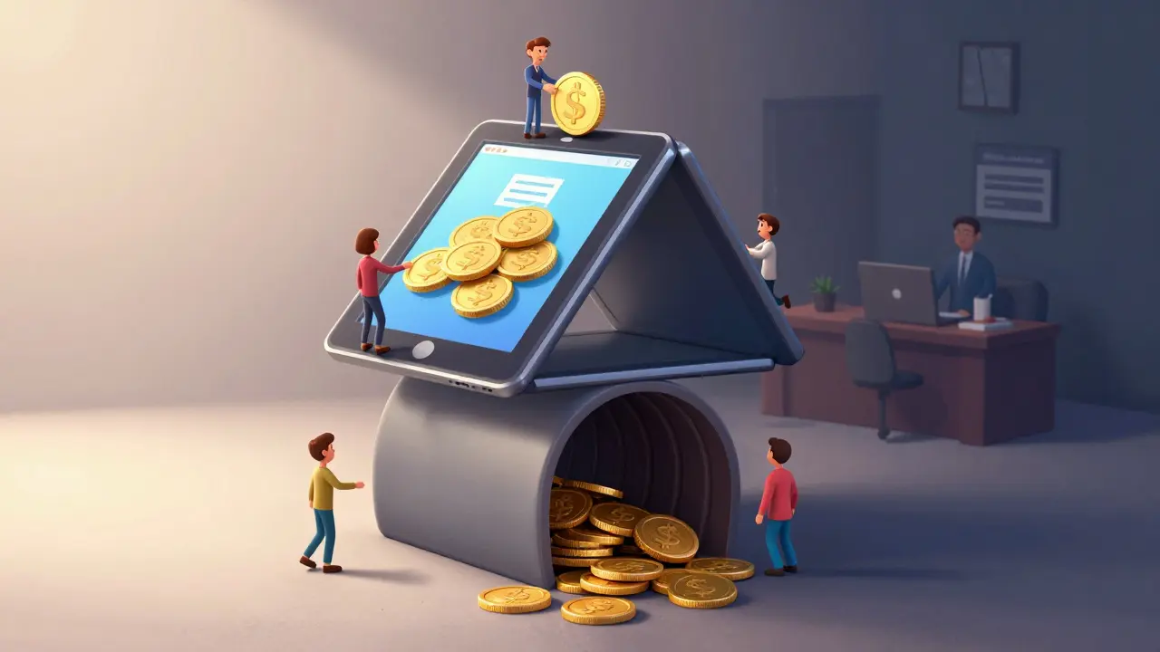 A fragile house of cards made of digital tablets with a secret tunnel moving coins underground.