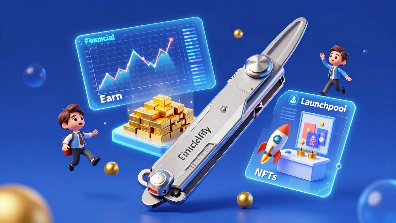 A futuristic 3D Swiss Army knife unfolding into various cryptocurrency trading tools and gadgets.