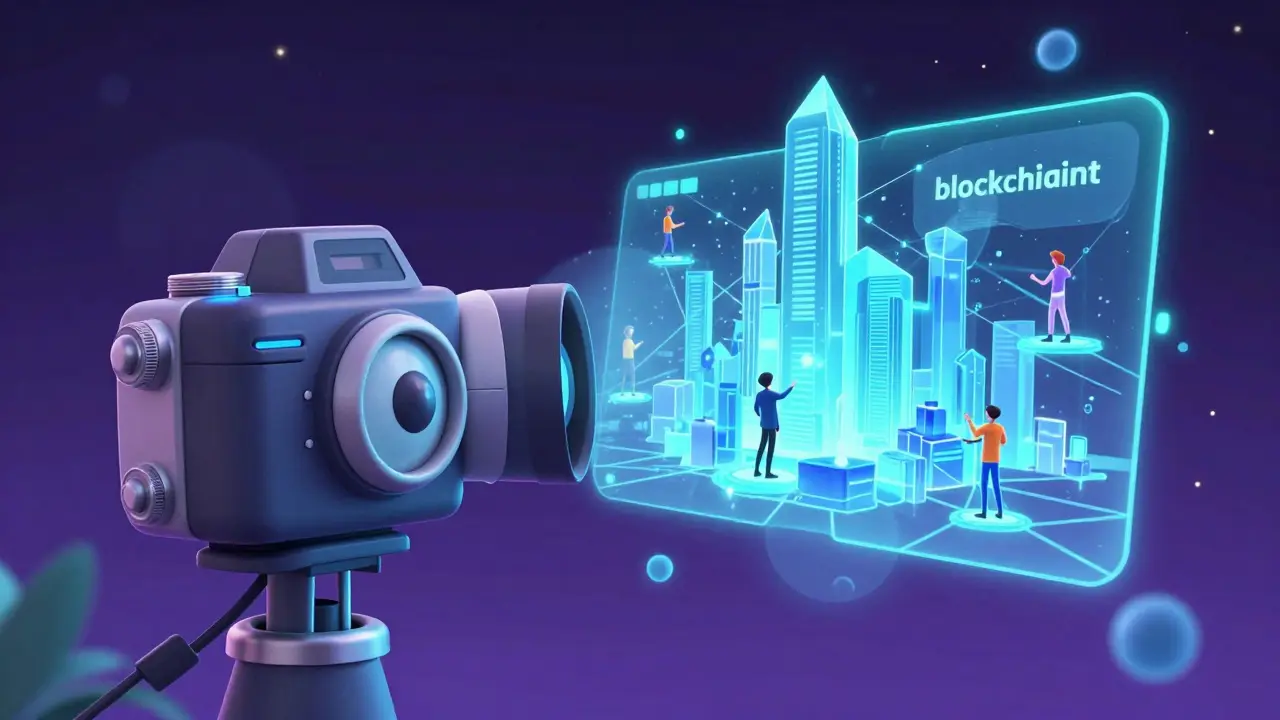A futuristic camera taking a digital snapshot of a glowing blockchain network.