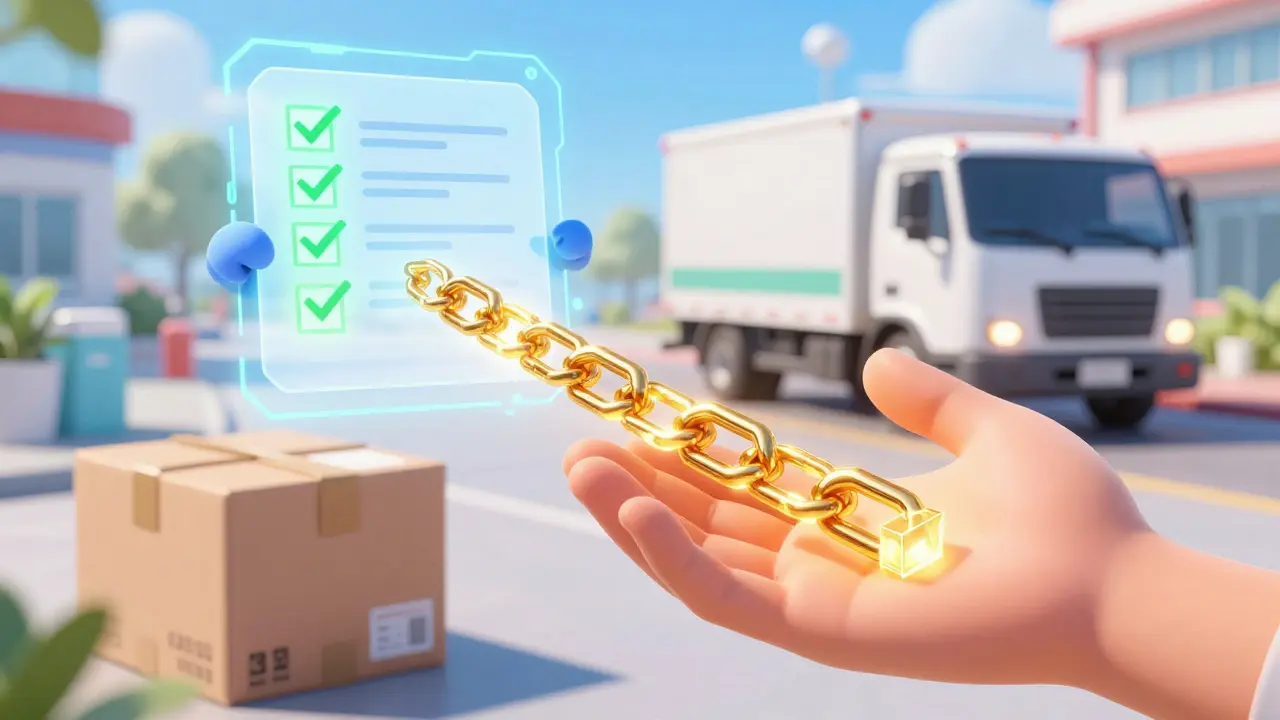A glowing digital chain connecting a donation to medical supplies delivered to a hospital.