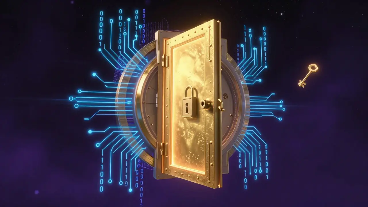 A glowing golden vault door locked in a digital void with a distant key