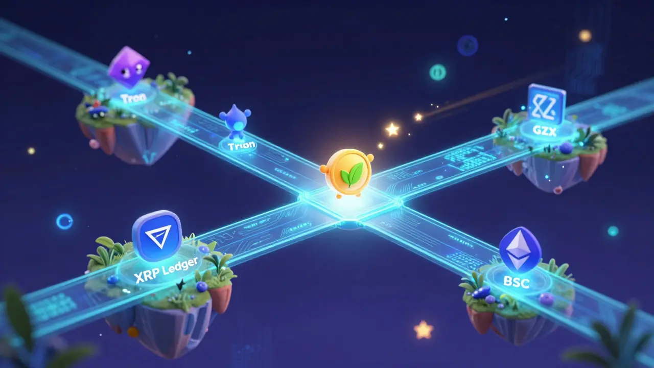 A glowing GZX token traveling across holographic bridges connecting different blockchain networks.