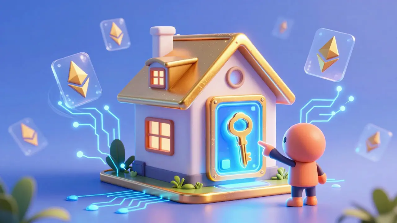 A modern house turning into a glowing digital NFT card with Ethereum symbols in Pixar style