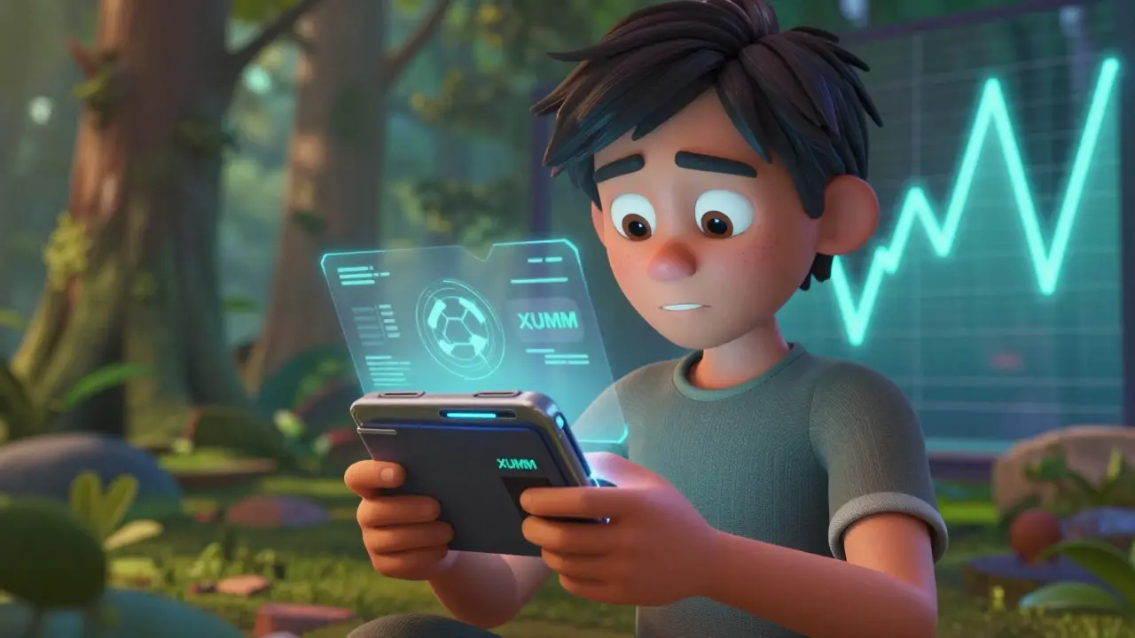 A person using a holographic wallet interface with a green forest and a volatile price graph behind them.
