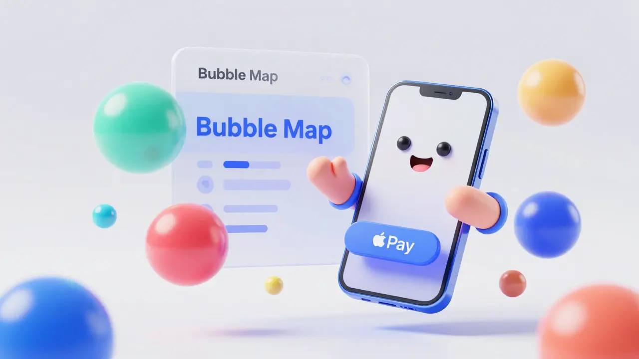 A person using Apple Pay on a smartphone next to a colorful 3D bubble map of crypto assets.