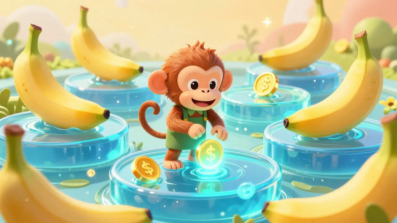 A Pixar-style monkey gardening in a field of glowing liquid pools and golden banana crops.