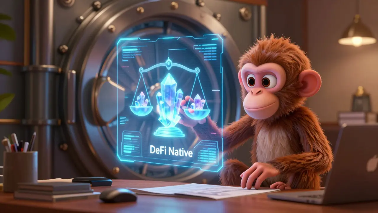 A Pixar-style monkey using a holographic interface to manage digital assets in a vault.