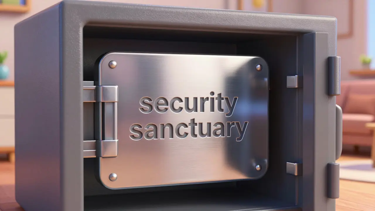 A seed phrase engraved on a stainless steel plate inside a secure safe