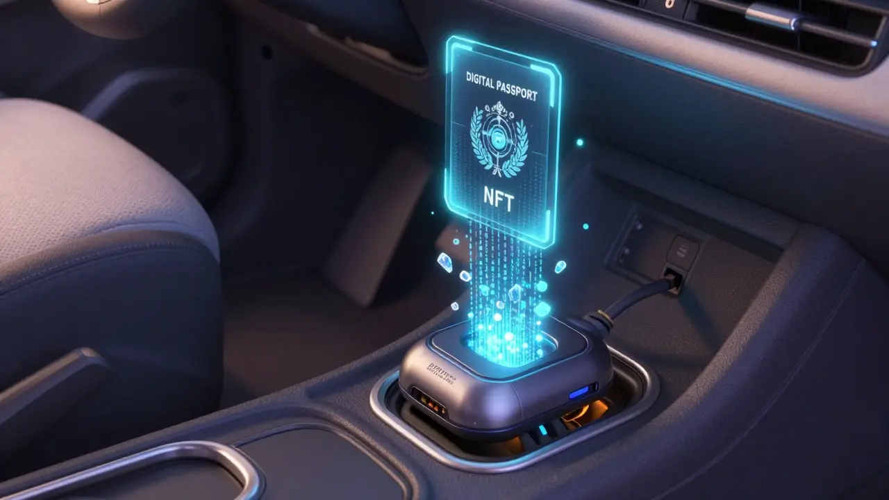 A small tech device plugged into a car port emitting a holographic digital passport.