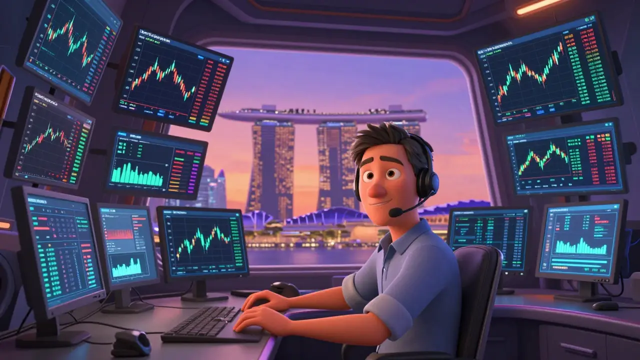 A trader in a high-tech cockpit with floating charts overlooking the Singapore city skyline at twilight.