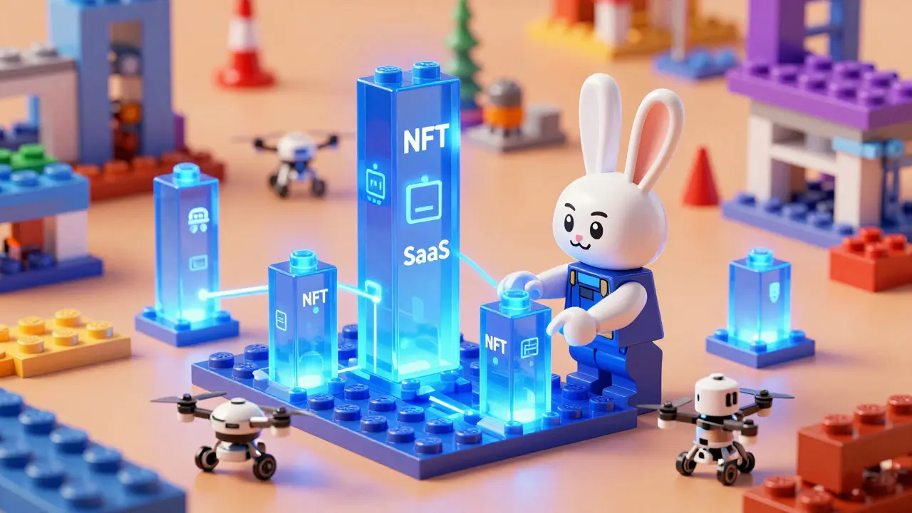 Bunny architect building a digital NFT infrastructure with glowing blue blocks in Pixar style.