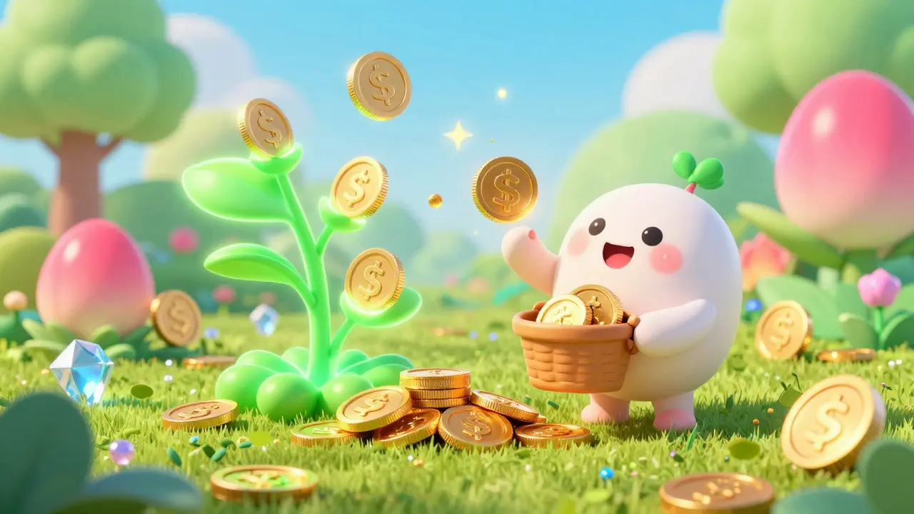 Character harvesting golden coins and gems in a vibrant digital yield farming garden