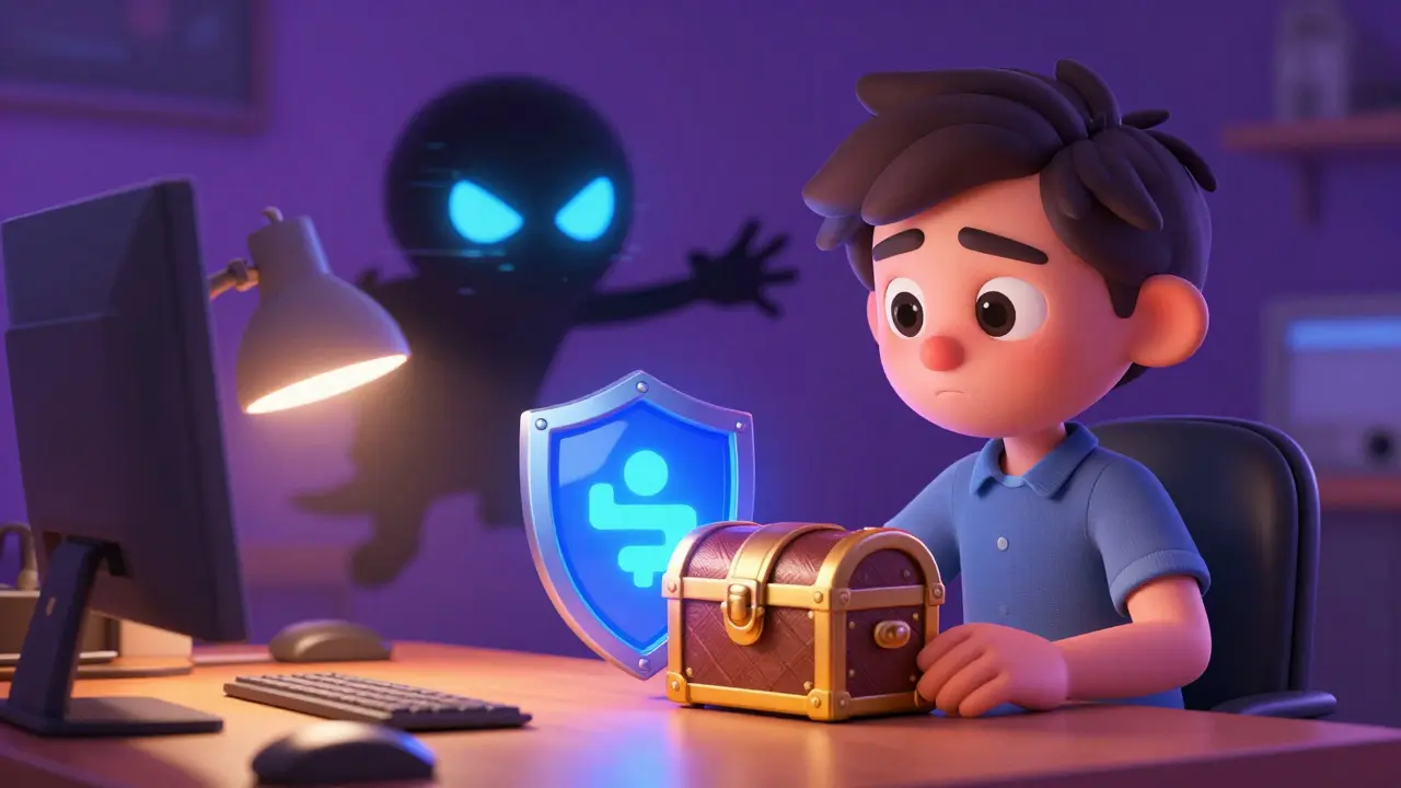 Character using a digital shield to protect their main crypto wallet from a scammer.