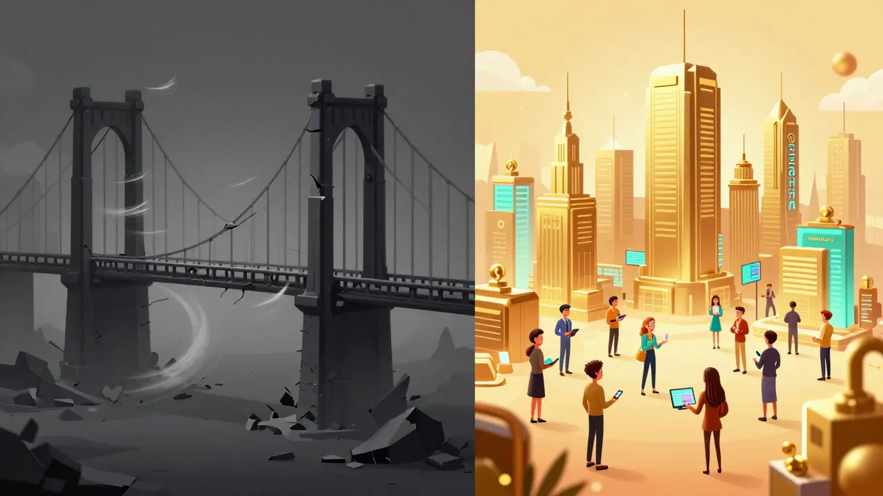 Comparison between a ghostly empty bridge and a bustling, bright futuristic digital city.