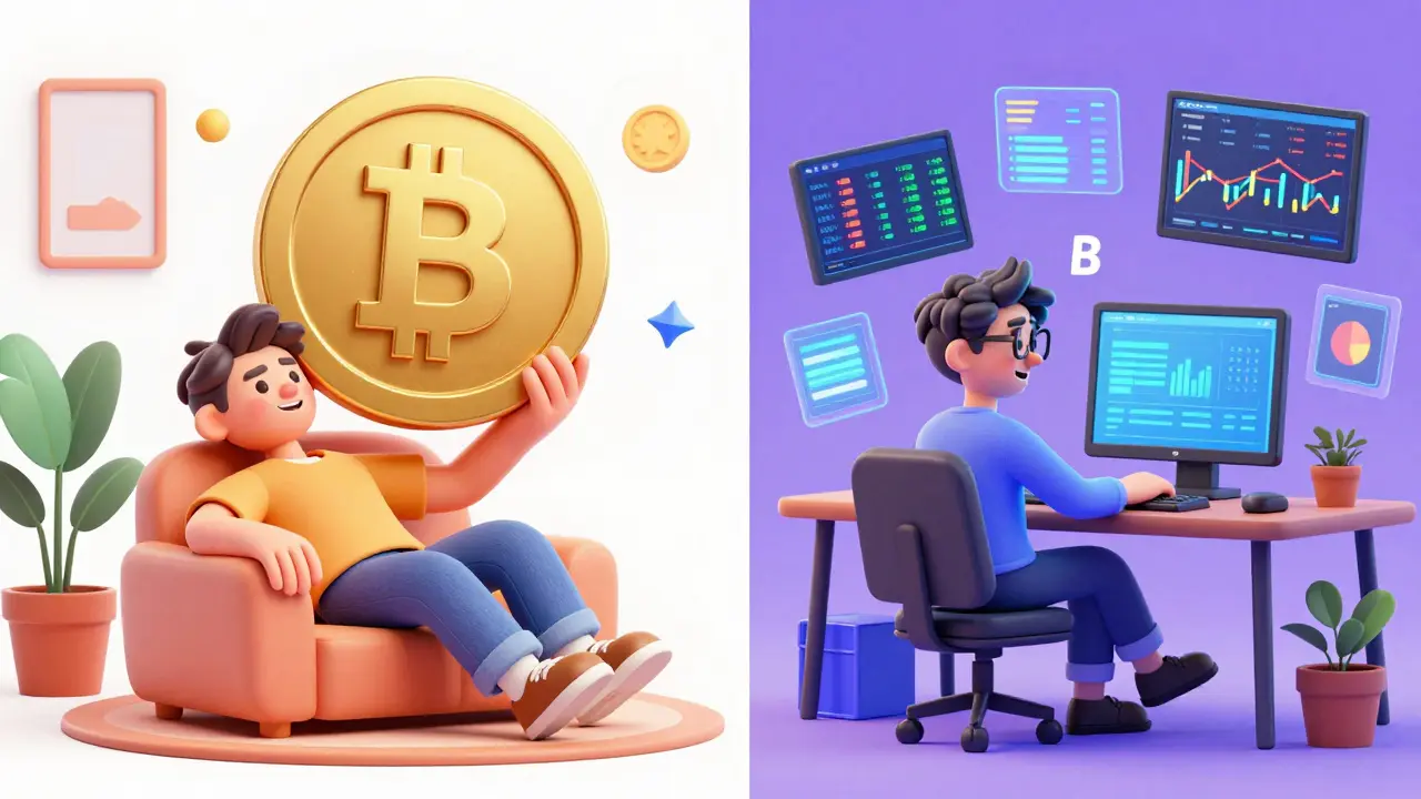 Comparison between a long-term crypto investor and a professional trader.