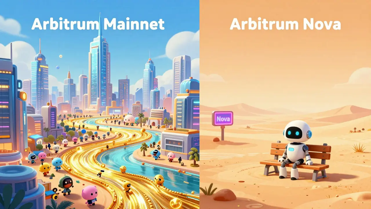 Comparison of a bustling digital city and a quiet desert outpost in Pixar animation style.