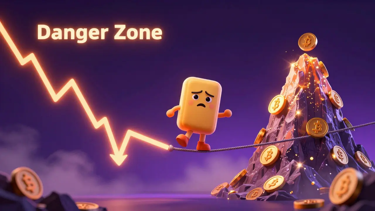 Cute crypto character balancing on a glowing price line representing financial risk