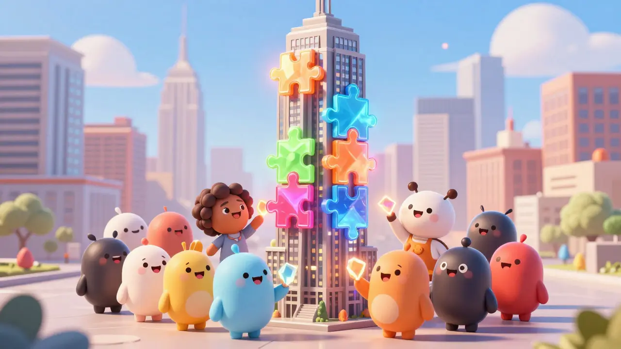 Diverse people holding colorful puzzle pieces of a large digital skyscraper in Pixar style