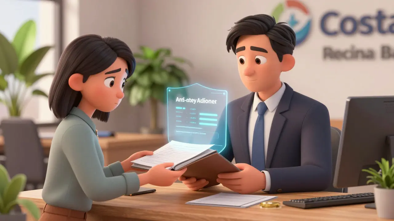 Entrepreneur showing files to banker with security icons.