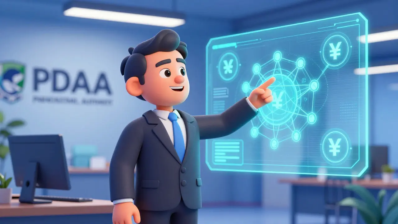 Government official presenting a holographic crypto regulation display