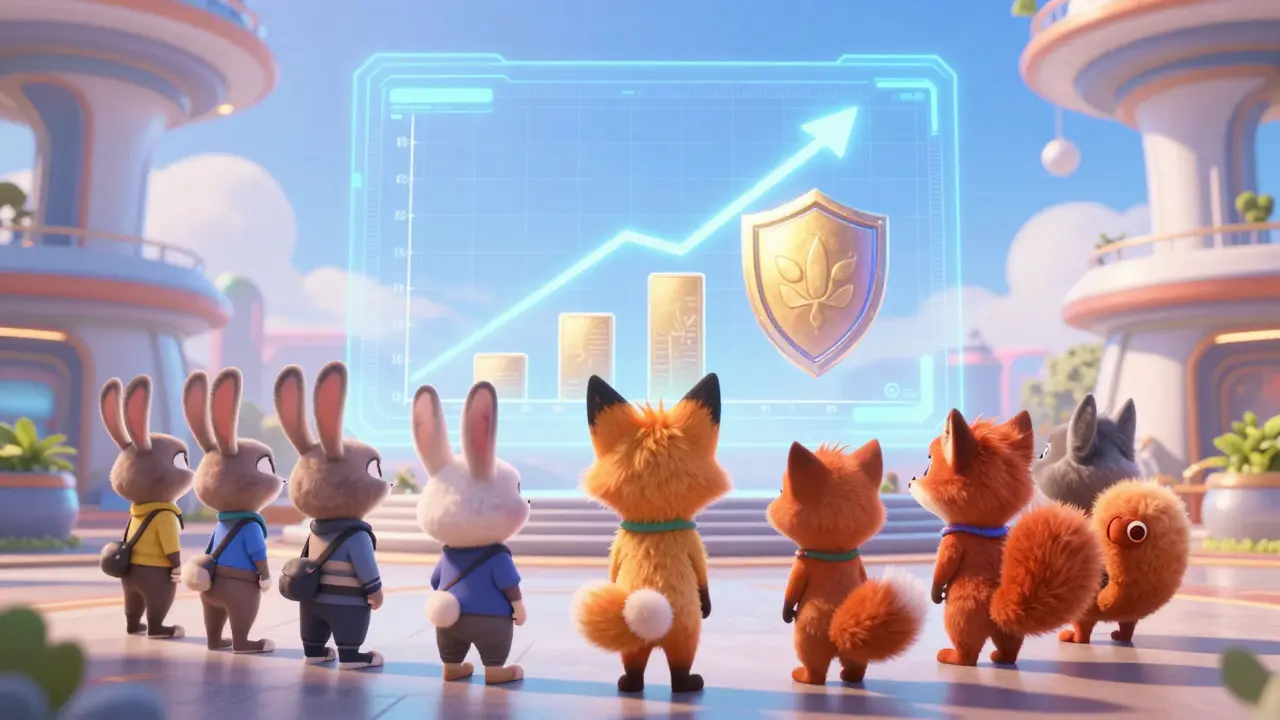 Group of friendly animal characters looking at a futuristic growth hologram in a digital plaza.