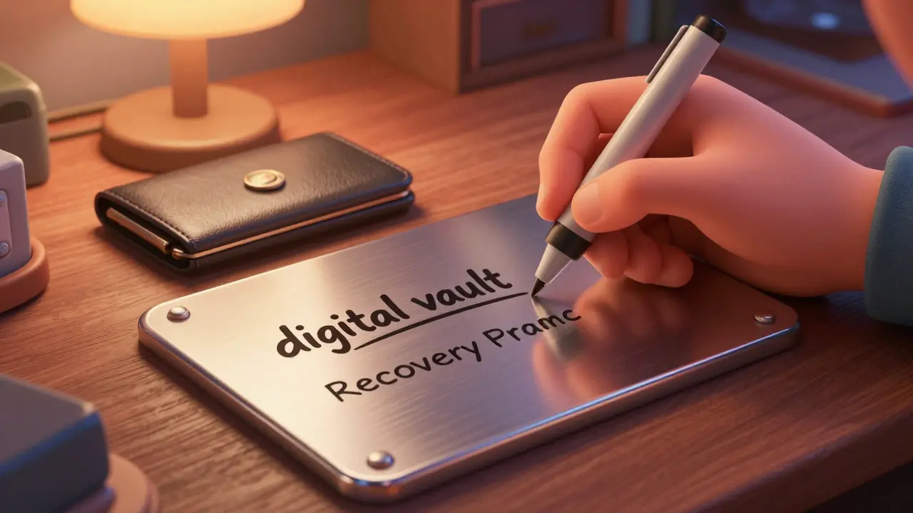 Hand writing a recovery phrase onto a stainless steel backup plate next to a hardware wallet.