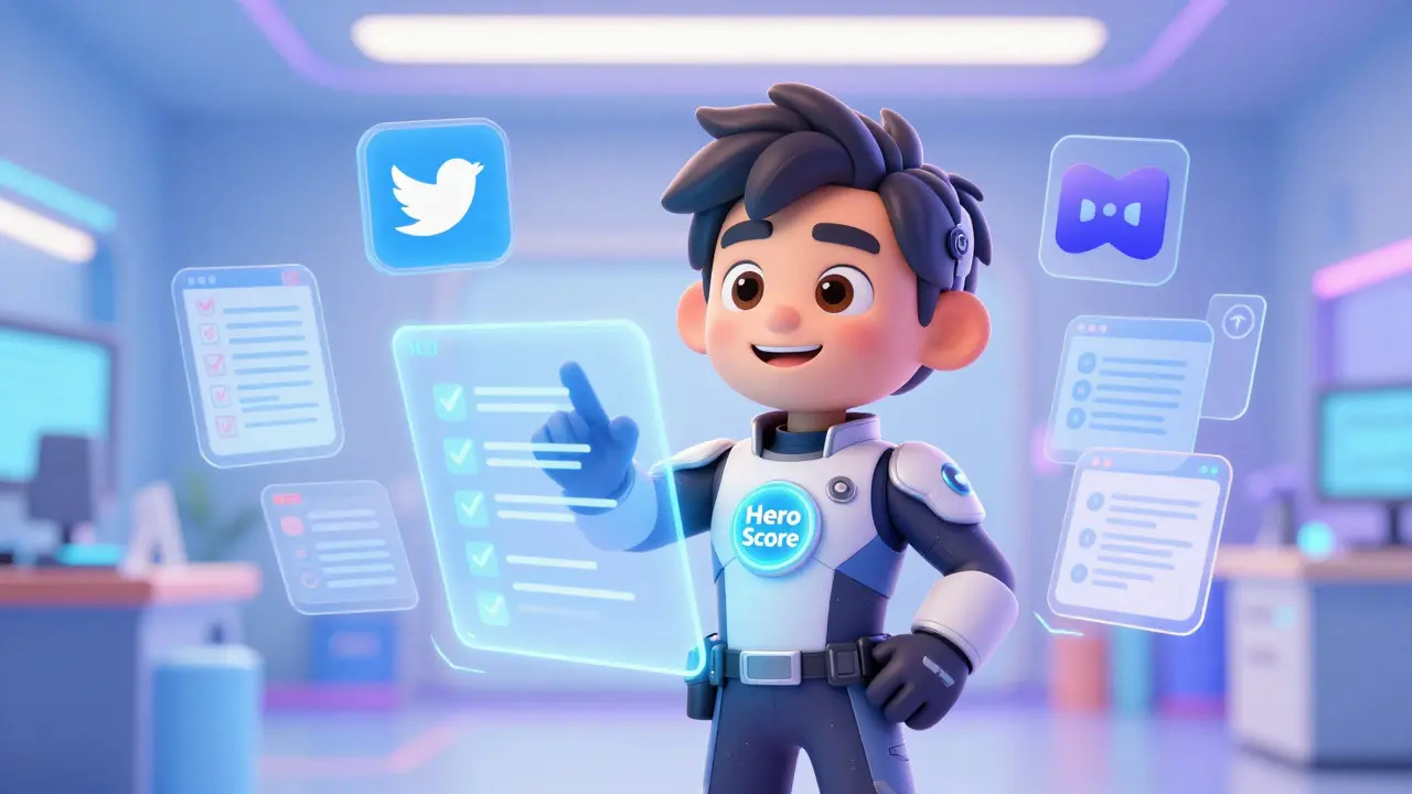 Heroic digital character with a glowing score badge completing social media quests in a tech lab.