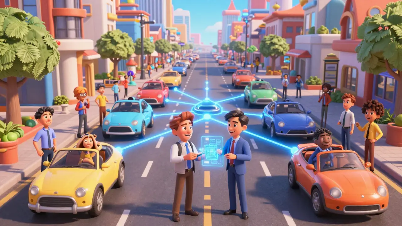 People in a futuristic city connected by a glowing blue network of vehicle data.